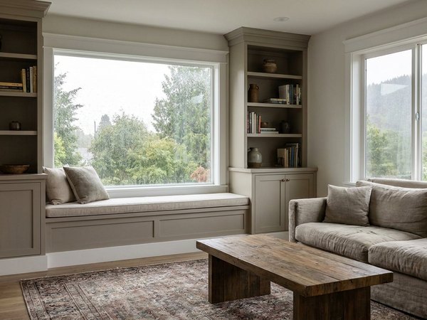 Example: living room with built-in shelving and bench